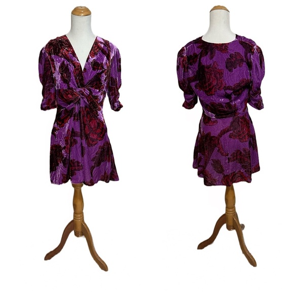 RHODE Leanna Dress Camellia Vine Purple Pink Velvet Floral Puff Sleeve - Picture 1 of 7